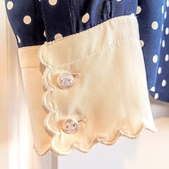 Tory Burch Navy Polka Dot Cream Scallop Silk Blouse - Picture 6 of 10